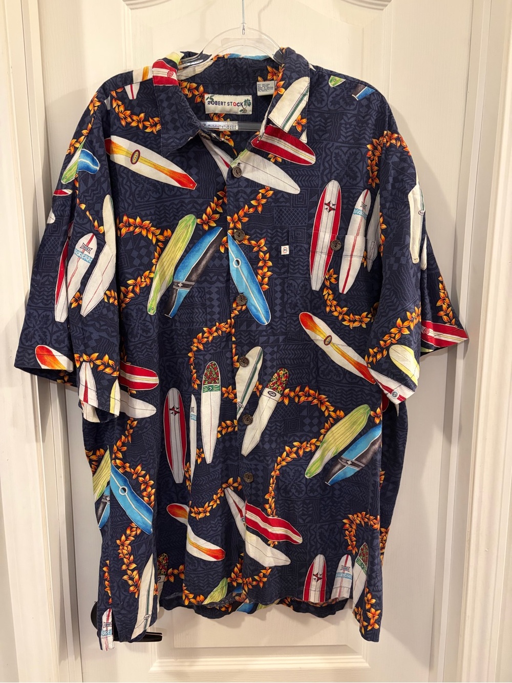 Robert Stock Navy Short-Sleeve Surfboard Print Button-Down Shirt EUC 100% Cotton